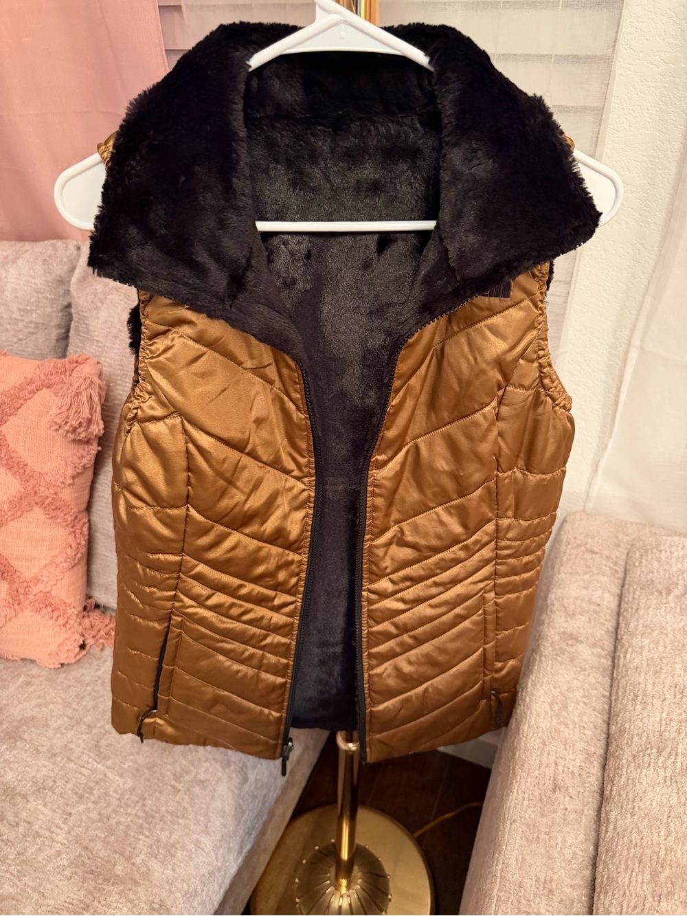 The North Face Copper Quilted Vest with Black Faux-Fur Lining